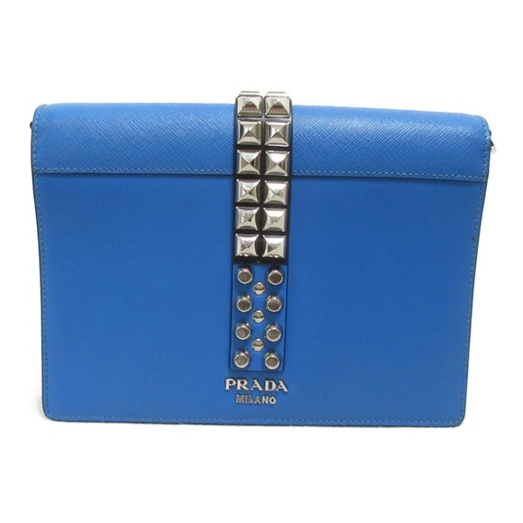 Prada Studded Shoulder Bag Saffiano Leather Blue - Picture 2 of 10